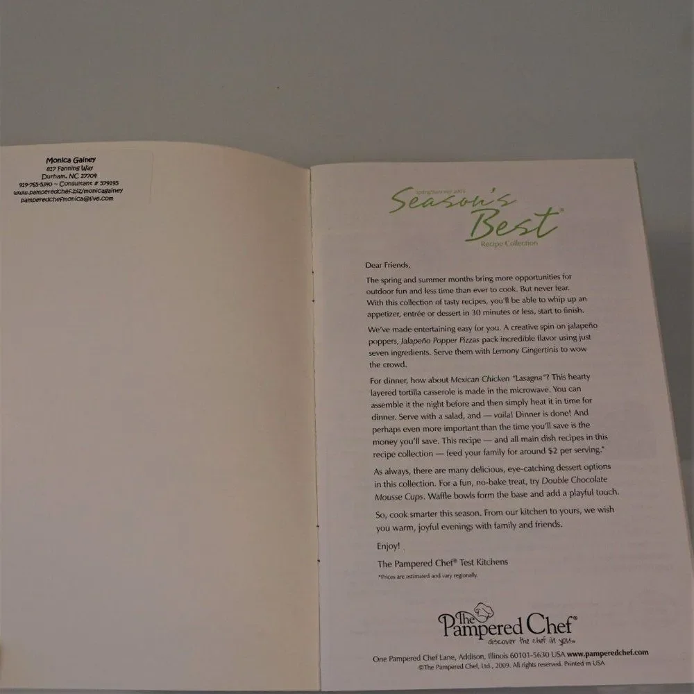 PAMPERED CHEF Cookbook Season's Best Recipes Spring Summer 2009 Recipe Booklet